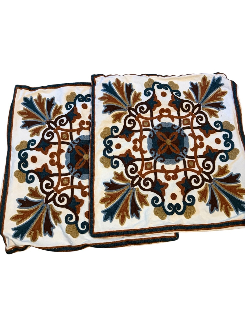 2 Boho Crewel Embroidered Wool Pillow Covers 17x15 Floral Scroll White